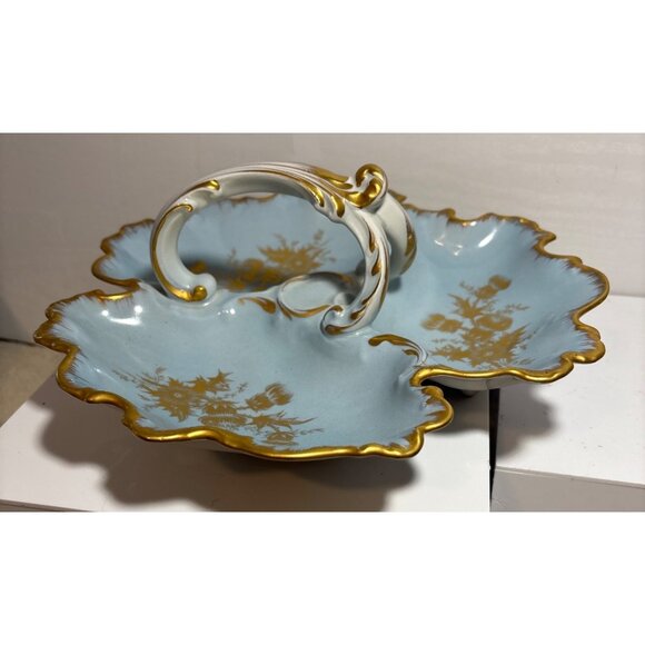 Limoges France Handled Divided Dish Blue Porcelain 11" Gold Trim Scalloped Edge - Picture 2 of 9
